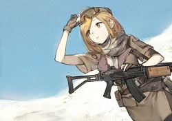 Rule 34 | 1girl, adjusting goggles, assault rifle, belt, belt pouch, breasts, brown eyes, brown hair, desert, dog tags, duoyuanjun, dutch angle, earrings, galil (girls&#039; frontline), girls&#039; frontline, gloves, goggles, goggles on head, gun, imi galil, jewelry, keffiyeh, long hair, looking away, looking up, medium breasts, military, military uniform, outdoors, pantyhose, parted bangs, pouch, rifle, scarf, short sleeves, side slit, skirt, solo, uniform, weapon