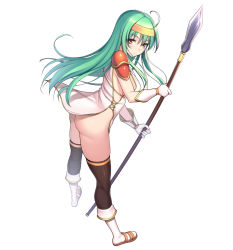 Rule 34 | 1girl, armor, asa (xametaler), ass, black thighhighs, blush, boots, breasts, carrie (sennen sensou aigis), full body, gloves, green hair, headband, long hair, looking back, no panties, pauldrons, polearm, sennen sensou aigis, shoulder armor, simple background, solo, spear, thighhighs, weapon, white background, white footwear, white gloves, wind, wind lift, yellow eyes