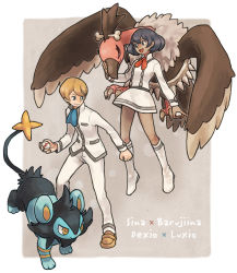 Rule 34 | 1boy, 1girl, black fur, black hair, boots, brown footwear, character name, commentary request, creatures (company), dark skin, dexio (pokemon), game freak, gen 4 pokemon, gen 5 pokemon, holding, holding poke ball, ikra (katacoly), jacket, light brown hair, long sleeves, luxio, mandibuzz, nintendo, open mouth, pants, poke ball, pokemon, pokemon (creature), pokemon xy, premier ball, shoes, short hair, sina (pokemon), smile, tongue, white footwear, white jacket, white pants