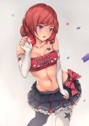 Rule 34 | 10s, 1girl, asymmetrical legwear, bandeau, black thighhighs, bow, breasts, cleavage, clothes writing, collarbone, confetti, elbow gloves, english text, fingerless gloves, gloves, groin, headset, leaning forward, love live!, love live! school idol festival, love live! school idol project, medium breasts, microphone, midriff, mismatched legwear, navel, nishikino maki, open mouth, orange hair, parfaitlate, pleated skirt, purple eyes, short hair, simple background, skirt, solo, star (symbol), strapless, thighhighs, tube top, white gloves, white thighhighs