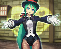 Rule 34 | 1girl, aqua eyes, aqua hair, bad id, bad pixiv id, fishnet pantyhose, fishnets, forgotten artist, gloves, hat, hatsune miku, heart, jacket, leotard, long hair, magician, magician (module), miracle paint (vocaloid), outstretched arms, pantyhose, ponytail, project diva, project diva (series), ryman, solo, spread arms, top hat, very long hair, vocaloid