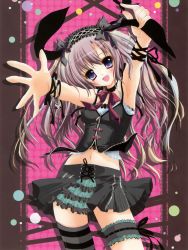 Rule 34 | 1girl, :d, absurdres, arm up, armpits, bare shoulders, blush, bracelet, breasts, bridal garter, choker, fang, female focus, grey hair, happy, head tilt, headdress, highres, izumi tsubasu, jewelry, lolita fashion, long hair, looking at viewer, midriff, navel, open mouth, original, outstretched arms, purple eyes, ribbon, skirt, smile, solo, standing, striped clothes, striped thighhighs, thighhighs, zipper