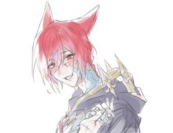 Rule 34 | 1boy, 1other, blush, braid, cloak, crystal exarch, final fantasy, final fantasy xiv, from side, g&#039;raha tia, holding hands, hood, hood down, hooded cloak, long hair, male focus, material growth, miqo&#039;te, pov, pov hands, red eyes, red hair, simple background, slit pupils, smile, solo focus, tladpwl03, white background