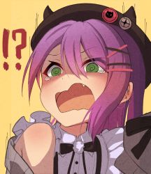 Rule 34 | !?, 1girl, @ @, absurdres, black hat, collared shirt, fake horns, fang, green eyes, hair between eyes, hair ornament, hat, highres, hololive, horned headwear, horns, inaba teitoku, off shoulder, open mouth, portrait, purple hair, shirt, simple background, solo, tearing up, tokoyami towa, virtual youtuber, white shirt, x hair ornament, yellow background