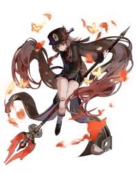 Rule 34 | 1girl, absurdly long hair, aco gbfg, black footwear, black shorts, brown coat, brown hair, bug, butterfly, closed mouth, coat, coattails, commentary request, flower, full body, genshin impact, gradient hair, hat, hat flower, highres, hu tao (genshin impact), insect, long hair, long sleeves, looking at viewer, multicolored hair, plum blossoms, porkpie hat, red eyes, red hair, shoes, shorts, simple background, socks, solo, staff of homa (genshin impact), tailcoat, tassel, very long hair, weapon behind back, white background, white socks, yellow butterfly