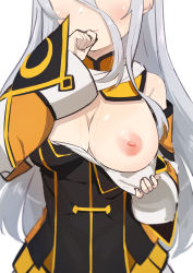Rule 34 | 1girl, bare shoulders, black dress, breasts, cleavage, clenched hand, clothes pull, covering own mouth, detached collar, detached sleeves, dress, dress pull, gekkou (senran kagura), grey hair, hand up, head out of frame, highres, large breasts, long hair, morisobo, nipples, one breast out, pulling own clothes, senran kagura, senran kagura new link, simple background, smile, solo, sweat, upper body, white background