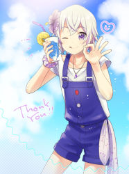 Rule 34 | ;p, cup, day, dorifesu!, drink, drinking glass, drinking straw, english text, flower, glass, hair flower, hair ornament, holding, jewelry, kikuchi mataha, looking at viewer, male focus, necklace, one eye closed, overall shorts, overalls, purple eyes, purple hair, sawamura chizuru, sky, smile, solo, thank you, tongue, tongue out