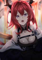 Rule 34 | 1girl, :o, absurdres, arknights, bare shoulders, breasts, cleavage, commentary, hair between eyes, highres, horns, long hair, looking at viewer, medium breasts, open mouth, purple eyes, red hair, solo, surtr (arknights), upper body, yuryou jime