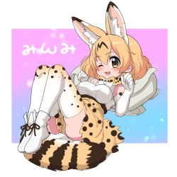 Rule 34 | 1girl, animal ears, backpack, bag, bare shoulders, blonde hair, bow, bowtie, commentary request, elbow gloves, extra ears, gloves, gradient gloves, gradient legwear, high-waist skirt, highres, kemono friends, one eye closed, print bow, print bowtie, print gloves, print neckwear, print skirt, print thighhighs, ransusan, serval (kemono friends), serval print, serval tail, shirt, short hair, skirt, sleeveless, solo, tail, thighhighs, traditional bowtie, translation request, unworn backpack, unworn bag, white gloves, white shirt, white thighhighs, yellow eyes, zettai ryouiki