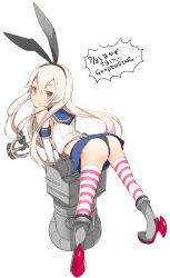 Rule 34 | 10s, 1girl, anchor, ass, bent over, black panties, blush, elbow gloves, gloves, grey eyes, hair ornament, hairband, kantai collection, long hair, looking at viewer, panties, pantyshot, rensouhou-chan, shimakaze (kancolle), skirt, smirk, solo, striped clothes, striped thighhighs, tetsubuta, thighhighs, thong, translated, underwear, upskirt, white gloves, white hair