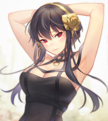 Rule 34 | 1girl, armpits, arms up, black dress, black hair, blush, breasts, cleavage, closed mouth, collarbone, dress, earrings, eyelashes, flower, furrowed brow, gold earrings, gold hairband, hair between eyes, hair flower, hair ornament, hairband, head tilt, highres, jewelry, long hair, looking at viewer, multi-strapped dress, okitanation, pendant, red eyes, resolution mismatch, rose, sleeveless, sleeveless dress, solo, source larger, spy x family, yor briar