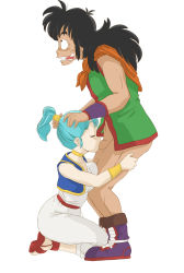 Rule 34 | 1boy, 1girl, black hair, boots, bracelet, breast press, breasts, bulma, closed eyes, dragon ball, dress, feet, fellatio, from side, full body, green hair, hands on another&#039;s head, happy, hetero, highres, jewelry, kneeling, legs, long hair, looking up, no pants, open mouth, oral, penis, ponytail, rolling eyes, sandals, scarf, simple background, standing, testicles, thighs, uncensored, vest, white background, white dress, yamcha