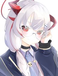 Rule 34 | absurdres, black choker, blue hair, blue jacket, choker, dtto., dtto. (2nd costume), highres, hogre093, jacket, multicolored hair, pale skin, red eyes, red hair, round eyewear, skull ornament, smile, twintails, utaite, virtual youtuber, white background, white hair