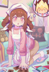 Rule 34 | 1girl, apron, atachi mimi, brown hair, couch, highres, indoors, kneeling, majio233, medium hair, ohdo yuga, pillow, pink eyes, pink footwear, pink shirt, plant, potted plant, shirt, slippers, socks, solo, stuffed animal, stuffed toy, teddy bear, thought bubble, trading card, white headwear, yu-gi-oh!, yu-gi-oh! sevens