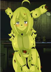 Rule 34 | 1girl, animal ears, breasts, rabbit, colored skin, crack, doll, five nights at freddy&#039;s, five nights at freddy&#039;s 3, glass, green hair, green skin, large breasts, looking at viewer, mairusu-paua, office, robot, short hair, smile, springtrap, table, wall