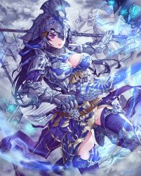 Rule 34 | 1girl, angel statue, armor, armored boots, blue thighhighs, boots, breasts, character cutout, cleavage, commentary request, full armor, gauntlets, hair ornament, headpiece, helmet, highres, holding, holding polearm, holding spear, holding sword, holding weapon, large breasts, long hair, looking at viewer, metal, original, polearm, purple eyes, purple hair, signature, solo, spear, statue, sword, teeth, thighhighs, upper teeth only, wangxiii, weapon