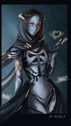 1girl artist_name flower hand_up heart highres hood humanization lotus mask shiro_kosh_a solo standing warframe wisp_(warframe) yellow_eyes