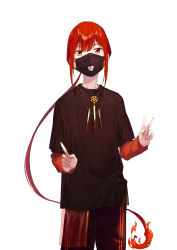 Rule 34 | 1boy, black shirt, coffeekite, fate/grand order, fate (series), fire, highres, jewelry, long hair, long sleeves, looking at viewer, mask, mouth mask, necklace, oda nobukatsu (fate), pants, ponytail, red eyes, red hair, shirt, short sleeves, sidelocks, simple background, solo, t-shirt, v, white background
