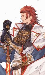 Rule 34 | 1boy, belt, cape, commentary request, confetti, cowboy shot, from side, gloves, granblue fantasy, highres, holding, holding sword, holding weapon, looking ahead, male focus, medium hair, mumu vosp, percival (granblue fantasy), red eyes, red hair, solo, standing, sword, turtleneck, weapon, white background