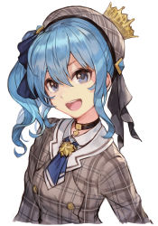Rule 34 | 1girl, beret, black choker, blue eyes, blue hair, blue necktie, breasts, choker, collared shirt, crown, grey hat, grey jacket, hair between eyes, hair ribbon, hat, hololive, hoshimachi suisei, hoshimachi suisei (1st costume), hungry clicker, jacket, light blue hair, looking at viewer, medium hair, mini crown, necktie, open mouth, plaid, plaid headwear, plaid jacket, ribbon, shirt, short necktie, side ponytail, simple background, small breasts, smile, solo, star (symbol), star in eye, symbol in eye, upper body, virtual youtuber, white background, white shirt, wing collar
