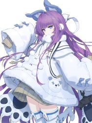 Rule 34 | 1girl, animal ears, arm up, azur lane, bear paws, blue eyes, blush, brown sweater, closed mouth, coat, coat dress, dress, fake animal ears, fur-trimmed coat, fur-trimmed sleeves, fur trim, hair ornament, hair ribbon, highres, long hair, long sleeves, looking at viewer, pom pom (clothes), ponytail, purple hair, ribbon, simple background, sleeves past wrists, smile, solo, sweater, sweater dress, tashkent (azur lane), thighhighs, very long hair, very long sleeves, wasabi60, white background, white coat, white thighhighs, winter clothes