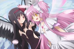 Rule 34 | 10s, 2girls, :d, akemi homura, akuma homura, bad id, bad pixiv id, bare shoulders, black gloves, black hair, black wings, bow, choker, dress, elbow gloves, eye contact, feathered wings, gloves, hair bow, kaname madoka, long hair, looking at another, mahou shoujo madoka magica, mahou shoujo madoka magica: hangyaku no monogatari, multiple girls, open mouth, pink hair, red eyes, smile, spoilers, two side up, ultimate madoka, umaigumi, very long hair, white gloves, wings, yellow eyes, yuri