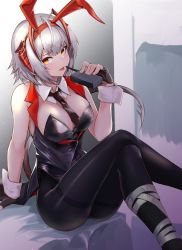 Rule 34 | 1girl, absurdres, animal ears, arknights, bandaged leg, bandages, between breasts, breasts, cleavage, commentary, crossed legs, detached collar, detonator, fake animal ears, feet out of frame, fingerless gloves, gloves, grey hair, highres, holding, ku-ba, leotard, long hair, looking at viewer, medium breasts, necktie, orange eyes, pantyhose, playboy bunny, rabbit ears, saliva, saliva trail, sitting, solo, tongue, tongue out, w (arknights), wrist cuffs