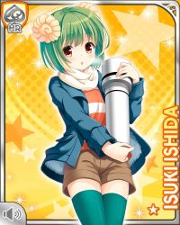 Rule 34 | 1girl, :o, alternate costume, blue jacket, card, character name, fossil, girlfriend (kari), green hair, hair ornament, holding, ishida isuki, jacket, official art, open mouth, qp:flapper, rock, scaft, shirt, short hair, shorts, solo, standing, strap, tagme, telescope, thighhighs, towel, yellow background, yellow eyes