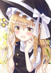 Rule 34 | 1girl, arms up, bad id, bad pixiv id, black hat, black vest, blonde hair, blurry, blurry background, blush, braid, embarrassed, finger to cheek, floral background, hair between eyes, hair ribbon, hat, hat ribbon, holding, holding own hair, kirisame marisa, light particles, long hair, looking at viewer, nibosi, open mouth, puffy short sleeves, puffy sleeves, rectangular mouth, ribbon, shirt, short sleeves, single braid, solo, standing, sweatdrop, touhou, tress ribbon, upper body, very long hair, vest, wavy mouth, white shirt, witch hat, yellow eyes