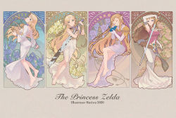 Rule 34 | 2020, 4girls, armor, armored dress, armpits, art nouveau, ass, back, barefoot, belt, belted dress, blonde hair, blue eyes, bodice, bracelet, braid, braided ponytail, breasts, brown hair, character name, closed eyes, closed mouth, collarbone, determined, diadem, dress, earrings, elbow gloves, english text, expressionless, eyebrows, feet, female focus, fighting stance, fingernails, floating, flower, forehead jewel, from behind, full body, gloves, gold bracelet, green eyes, hair ornament, hands up, happy, harp, head tilt, highres, holding, holding instrument, holding sword, holding weapon, huge filesize, instrument, invisible chair, jewelry, legs, light smile, long dress, long hair, long sleeves, looking at viewer, looking away, looking back, master sword, multiple girls, multiple persona, neck, nintendo, no bra, ocarina, parted bangs, parted lips, pink dress, pointy ears, priestess, princess zelda, print dress, rust, rutiwa, sad, sandals, shoulder armor, sidelocks, sitting, skin tight, sleeveless, sleeveless dress, small breasts, soles, standing, strapless, strapless dress, sword, tabard, the legend of zelda, the legend of zelda: breath of the wild, the legend of zelda: ocarina of time, the legend of zelda: skyward sword, the legend of zelda: twilight princess, thighs, tiara, toenails, toes, toga, triforce, triforce earrings, triforce print, tunic, unworn footwear, unworn sandals, weapon, white gloves, white tunic, wide sleeves