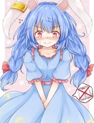 Rule 34 | 1girl, animal ears, bloomers, blue dress, blue hair, blush, rabbit ears, covering privates, covering crotch, dress, earclip, embarrassed, long hair, low twintails, neko mata, no panties, red eyes, ribbon, seiran (touhou), solo, spoken clothes, touhou, twintails, underwear