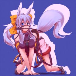Rule 34 | 1girl, all fours, animal ears, bdsm, blue background, blue eyes, blush, breasts, kuromiya, large breasts, looking at viewer, mouth hold, original, pet play, simple background, solo, souma ren (kuromiya), stirrups (riding), tail