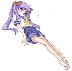 Rule 34 | 00s, 1girl, arm at side, bare legs, barefoot, blouse, blue eyes, blue skirt, blush, bow, brown bow, full body, hair bow, hand to own mouth, hiiragi kagami, irigomame, long hair, looking at viewer, lucky star, miniskirt, pleated skirt, purple hair, school uniform, serafuku, shirt, short sleeves, simple background, skirt, solo, twintails, white background, white shirt, yellow bow