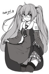 Rule 34 | 1girl, bare shoulders, bespectacled, clothes lift, curtsey, detached sleeves, dress, dress lift, frills, garter straps, glasses, hatsune miku, heart, long hair, monochrome, necktie, pas (paxiti), semi-rimless eyewear, smile, solo, tattoo, thank you, thighhighs, twintails, under-rim eyewear, very long hair, vocaloid