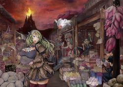 Rule 34 | 1boy, 4girls, ashes, breasts, character request, cleavage, copyright request, fire, food, fruit, green hair, kurokawa otogi, large breasts, market, lava, multiple girls, otogi (s in w), tail, thighhighs, volcano