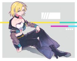 Rule 34 | 1girl, arm belt, bad id, bad twitter id, bang dream!, black choker, black footwear, black pants, blonde hair, boots, choker, crossed legs, detached sleeves, grey background, hand on own knee, high heel boots, high heels, looking at viewer, open mouth, pants, sato masuki, see-through, shiontaso, short hair, sitting, solo, strapless, studded vest, tube top, v-shaped eyebrows, vest, yellow eyes