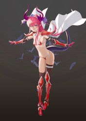 Rule 34 | 1girl, absurdres, armor, armored boots, arms behind head, bat (animal), bikini, bikini armor, black sleeves, black thighhighs, blue eyes, boots, bound, bound wrists, breasts, cleavage, collar, collarbone, detached sleeves, elizabeth bathory (brave) (fate), elizabeth bathory (fate), fate/grand order, fate (series), full body, gaegoni, highres, horns, knee boots, long hair, long sleeves, looking at viewer, navel, pauldrons, pink hair, red bikini, shoulder armor, small breasts, solo, swimsuit, thighhighs, very long hair