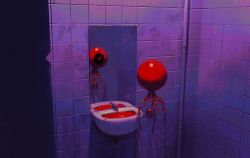 Rule 34 | black eyes, blood, english text, eyeball, heart, horror (theme), indoors, mirror, monster, no humans, one-eyed, original, red pupils, reflection, sink, standing, tile wall, tiles, timliljefors, veins, writing