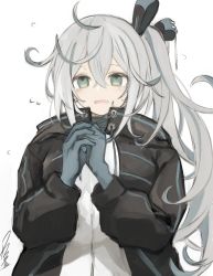 Rule 34 | 1girl, bad id, bad twitter id, black coat, blue gloves, blue hair, blush, breasts, coat, crossed bangs, empty eyes, flying sweatdrops, fuyu yafunu, gloves, green eyes, grey hair, highres, long hair, messy hair, multicolored hair, open mouth, original, side ponytail, signature, simple background, solo, sweat, white background
