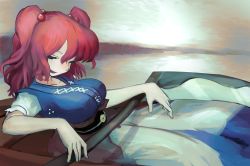 Rule 34 | 1girl, :d, backlighting, boat, breasts, closed eyes, hair bobbles, hair ornament, half-closed eye, highres, horizon, large breasts, mizuki 0630, onozuka komachi, open mouth, red hair, scythe, sky, smile, solo, touhou, two side up, water, watercraft