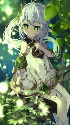 Rule 34 | 1girl, absurdres, bracelet, detached sleeves, dress, feet out of frame, geez, genshin impact, glowing, green eyes, hair ornament, highres, jewelry, leaf, leaf background, light, multicolored hair, nahida (genshin impact), pointy ears, seiza, side ponytail, sitting, streaked hair, symbol-shaped pupils, white dress, white hair