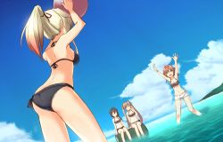 Rule 34 | 10s, 4girls, adapted costume, ahoge, alternate hairstyle, armpits, arms up, ass, bad id, bad pixiv id, ball, beach, beachball, bikini, black hair, blonde hair, braid, brown eyes, brown hair, cloud, day, closed eyes, from behind, gradient hair, hair flaps, hair ornament, hair ribbon, hairband, kantai collection, light brown hair, long hair, multicolored hair, multiple girls, murasame (kancolle), navel, open mouth, outdoors, outstretched arms, pallad, playing, ponytail, remodel (kantai collection), ribbon, shigure (kancolle), shiratsuyu (kancolle), shore, short hair, shorts, single braid, sitting, sky, smile, swimsuit, twintails, wading, water, yuudachi (kancolle)