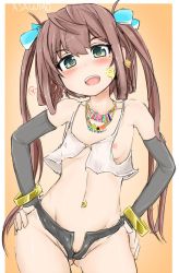 Rule 34 | 10s, asagumo (kancolle), breasts, brown hair, cleft of venus, green eyes, hands on own hips, highres, kantai collection, nipples, okiraku nikku, open mouth, pussy, pussy peek, small breasts, tagme, twintails