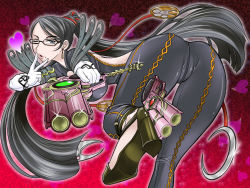 Rule 34 | 1girl, ;o, armband, ass, back, bad anatomy, bayonetta, bayonetta (series), bayonetta 1, bent over, black eyes, black hair, blowing kiss, bodysuit, bracelet, breasts, earrings, elbow gloves, foreshortening, from behind, glasses, gloves, gun, hair bun, hair ribbon, handgun, heart, high heels, jewelry, kiss, large breasts, leg lift, lipstick, long hair, looking back, makeup, mature female, mole, mole under mouth, one eye closed, open mouth, parted bangs, poorly drawn, red ribbon, ribbon, shoes, single hair bun, solo, sparkle, standing, standing on one leg, strap, swept bangs, takaoka motofumi, twintails, v, very long hair, weapon, white gloves, wink