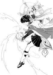 1boy 1girl armor birthmark bodysuit bridal_gauntlets cape carrying carrying_person cross-shaped_pupils detached_sleeves dress eyelashes feathers full_body furisode gem genshin_impact greyscale hair_ornament hair_over_eyes hakama hakama_shorts half_crown_braid halo halo_behind_head hands_on_another&#039;s_shoulders hidoa highres japanese_armor japanese_clothes kimono kote leaf leaf_hair_ornament leg_warmers leggings long_hair looking_at_another middle_ring monochrome nahida_(genshin_impact) open_hand open_mouth pleated_shorts pointy_ears pom_pom_(clothes) rope sandals scaramouche_(genshin_impact) shorts side_ponytail sidelocks stirrup_footwear stirrup_legwear symbol-shaped_pupils tassel toeless_legwear toes vision_(genshin_impact) vortex wanderer_(genshin_impact) white_background zouri