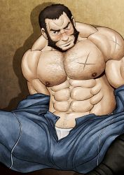 Rule 34 | 1boy, abs, arm hair, bara, bare pectorals, bare shoulders, beard, blush, bulge, character request, check character, chest hair, embarrassed, facial hair, highres, large pectorals, long sideburns, male focus, mature male, muscular, muscular male, mutton chops, navel, navel hair, nipples, off shoulder, old, old man, open clothes, open fly, overalls, pectorals, radi jaeger, scar, scar on face, scar on nose, sega, senjou no valkyria, senjou no valkyria (series), senjou no valkyria 1, short hair, sideburns, solo, spread legs, stomach, wrinkled skin, zelo-lee