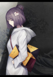 Rule 34 | 1girl, absurdres, bag, breasts, character name, closed mouth, commentary request, fate/grand order, fate (series), flower, from side, hair bun, hair flower, hair ornament, hairclip, hand in pocket, highres, hood, hood down, hoodie, katsushika hokusai (fate), katsushika hokusai (traveling outfit) (fate), letterboxed, looking away, marumoru, official alternate costume, purple eyes, purple hair, short hair, shoulder bag, single hair bun, small breasts, solo, white flower, white hoodie