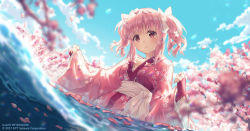 Rule 34 | 1girl, 2017, artist name, blue sky, blurry, bow, breasts, cherry blossoms, collarbone, commentary, day, depth of field, fingerless gloves, floral print, from below, gloves, hair bow, head tilt, japanese clothes, kimono, long sleeves, looking at viewer, looking down, medium breasts, moe! ninja girls, momochi myu, ntt solmare, official art, outdoors, parted lips, partially submerged, partially underwater shot, petals, petals on liquid, pink hair, pink kimono, pond, red eyes, red gloves, rosuuri, sash, short hair with long locks, sidelocks, sky, solo, spring (season), tareme, two side up, underwater, upper body, water, water drop, white bow, wide sleeves