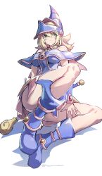 Rule 34 | 1girl, absurdres, bare shoulders, blonde hair, blue footwear, blue hat, blush stickers, boots, breasts, choker, cleavage, dark magician girl, duel monster, green eyes, hair between eyes, hat, highres, holding, holding wand, huanxiang huifeng, large breasts, legs, long hair, looking at viewer, pentacle, solo, staff, thighs, wand, wizard hat, yu-gi-oh!, yu-gi-oh! duel monsters