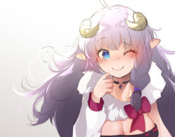 Rule 34 | 1girl, ;), bow, braid, breasts, cleavage, copyright request, gradient background, grey background, horns, kana616, long hair, long sleeves, looking at viewer, medium breasts, one eye closed, pointy ears, puffy long sleeves, puffy sleeves, purple bow, purple hair, ribbon trim, sheep horns, smile, solo, upper body, white background, white sleeves